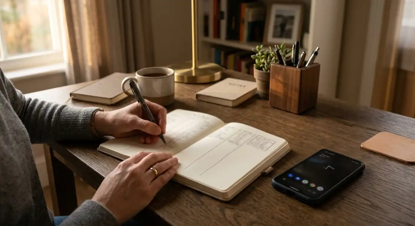 Person mit Notizbuch und Smartphone bei ruhiger Spielbudget-Planung