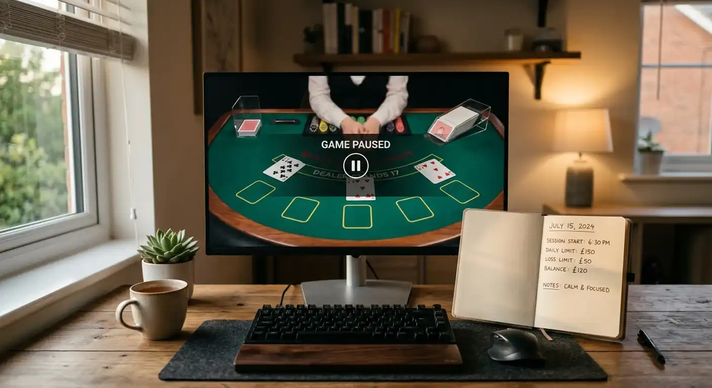 Ruhiger Schreibtisch mit Spielbudget-Notiz und pausiertem Live-Tisch