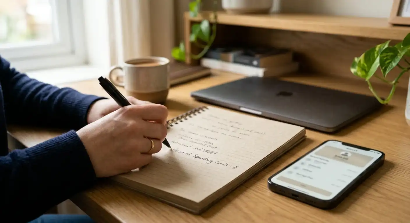 Person mit Stift und Budgetnotiz neben einem neutralen Smartphone