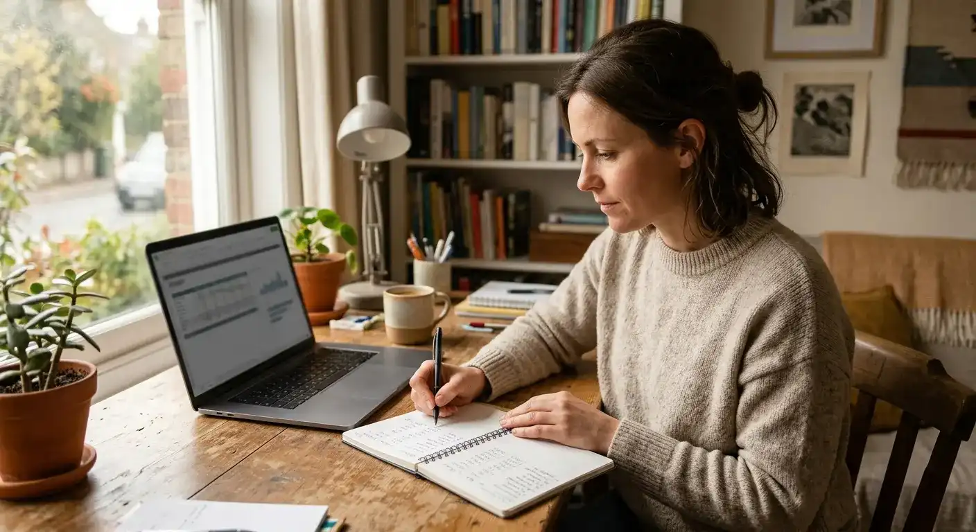 Person mit Notizbuch und persönlichem Monatsbudget an einem ruhigen Arbeitsplatz