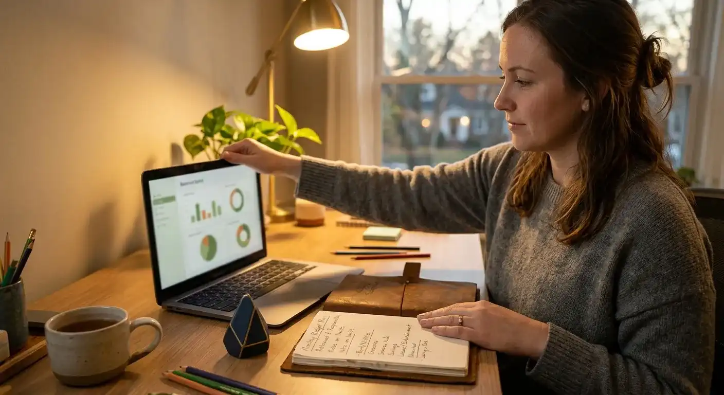 Erwachsene Person legt ein kleines Spielbudget neben einen geschlossenen Laptop