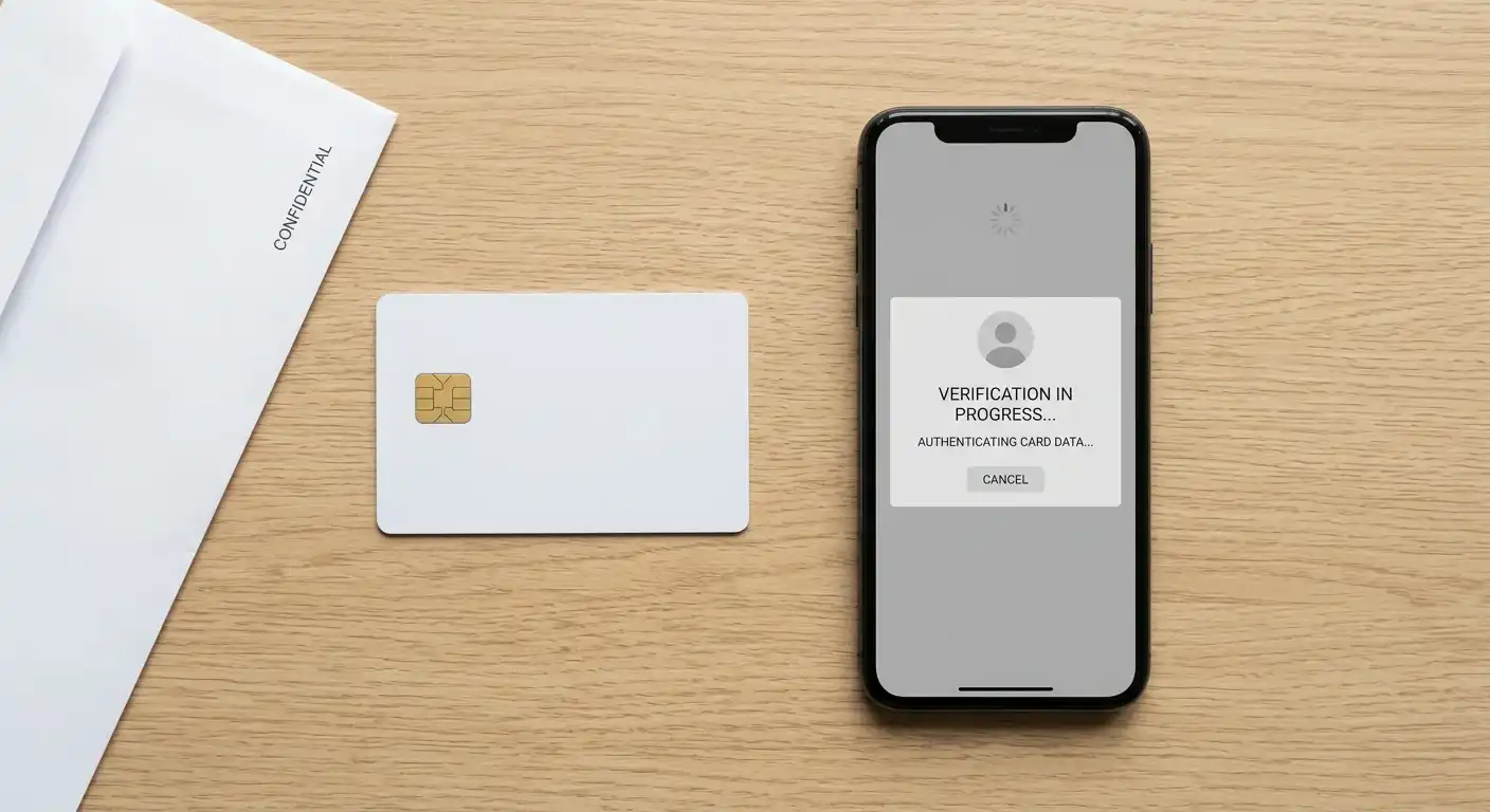 Amtliches Dokument und Smartphone auf einem Tisch während einer Identitätsprüfung