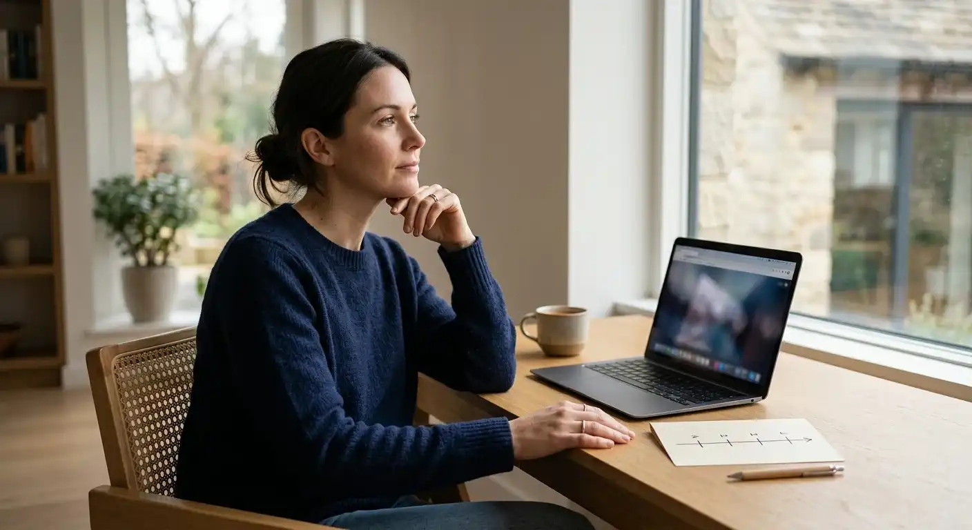 Person am Laptop mit ruhiger Spielpause und abstrakter Fünf-Sekunden-Zeitleiste