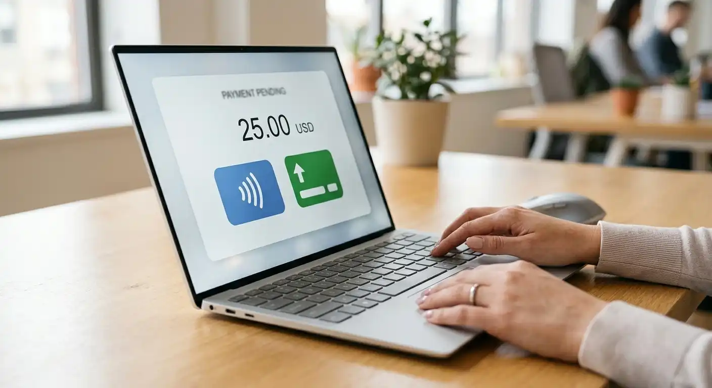 Kassiereroberfläche mit neutralen Visa- und Mastercard-Symbolen auf einem Laptop