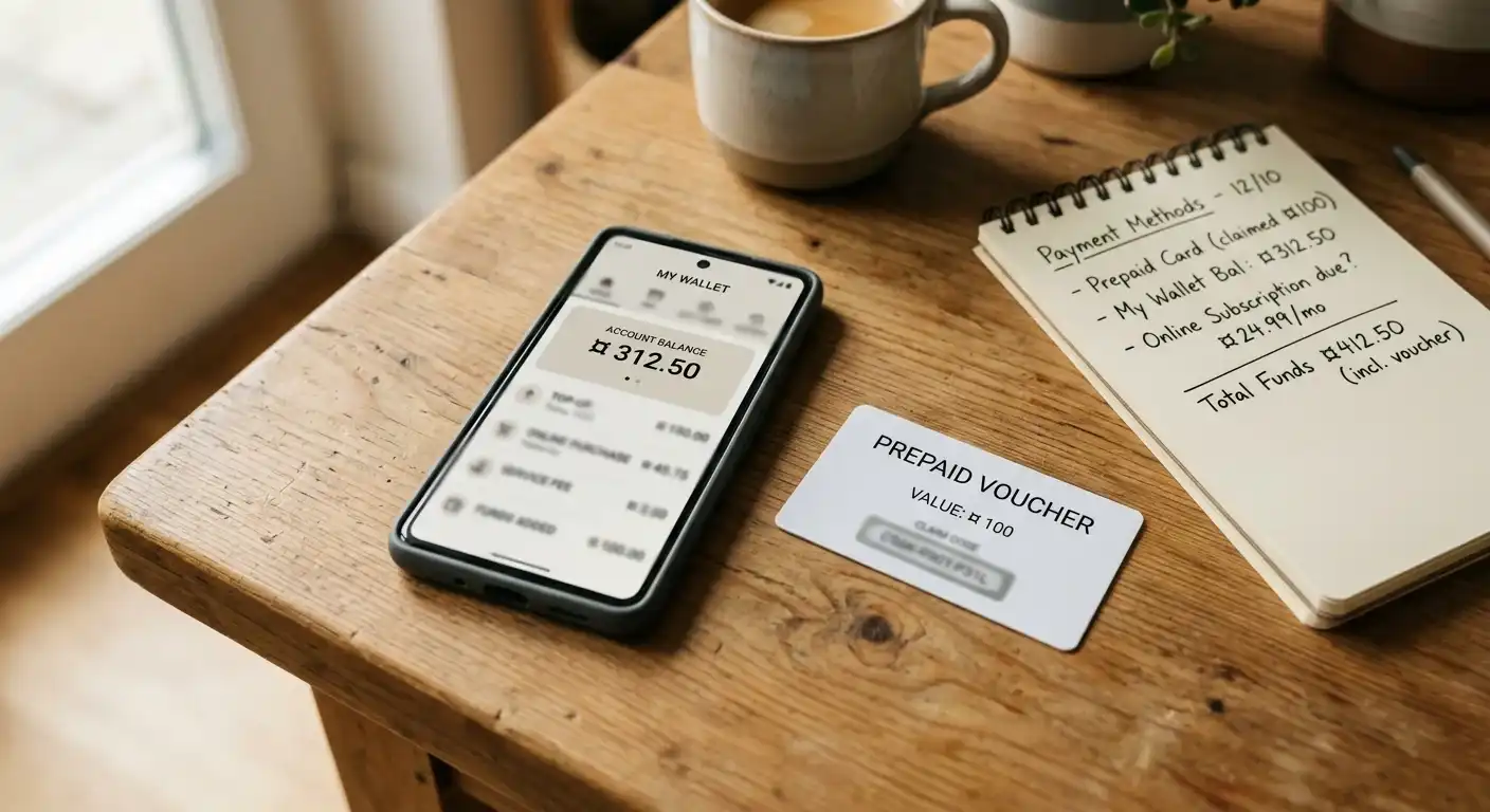 E-Wallet-App auf Smartphone neben Notizen zu Auszahlungsmethoden