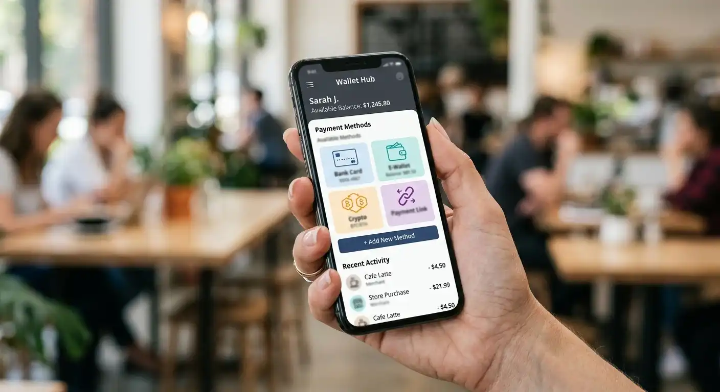 Smartphone mit E-Wallet-App und verschiedenen Zahlungsmethoden-Logos