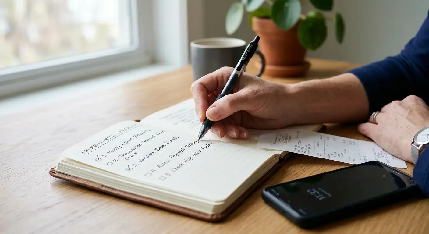 Person mit Stift und Notizbuch bei einer ruhigen Prüfung von Zahlungsrisiken