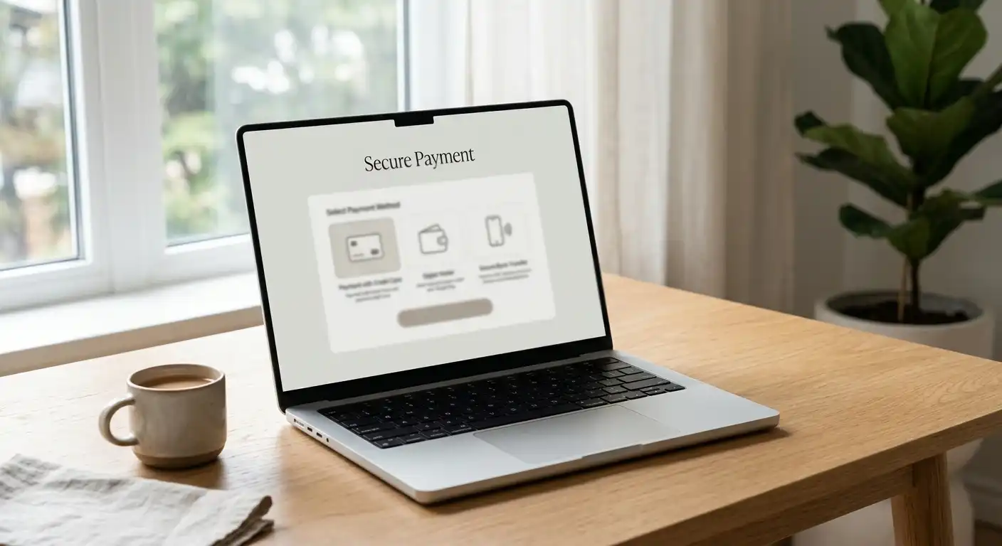 Neutrale Darstellung verschiedener digitaler Zahlungswege auf einem Laptop ohne Markenkennzeichen